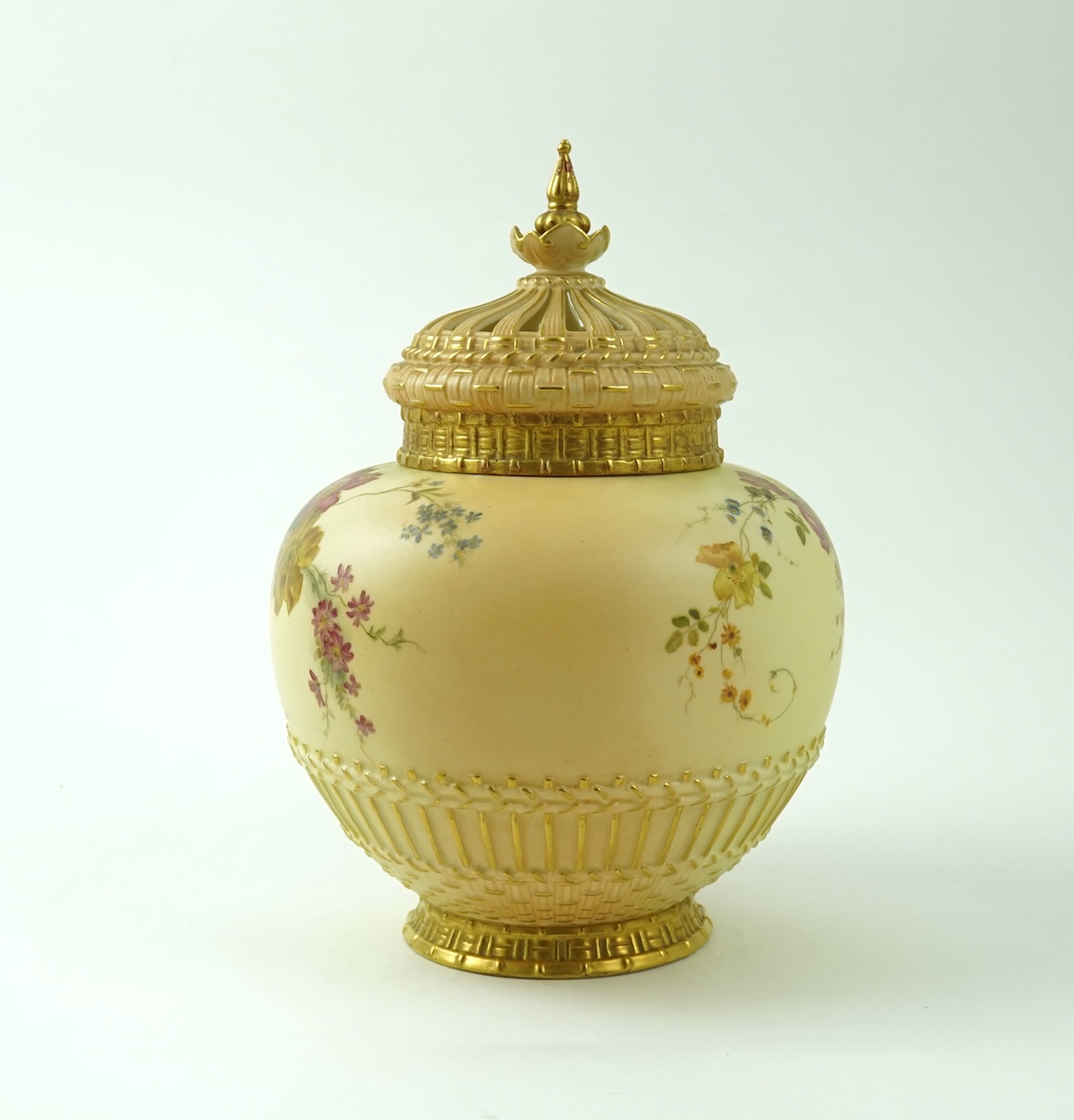 A Royal Worcester blush ivory pot pourri, cover and liner, c.1896